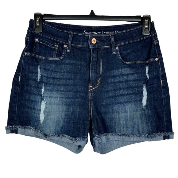Levi’s Signature SZ 10 High-Rise Jean Shorts Distressed Frayed Cuffed Dark Wash - Picture 1 of 8